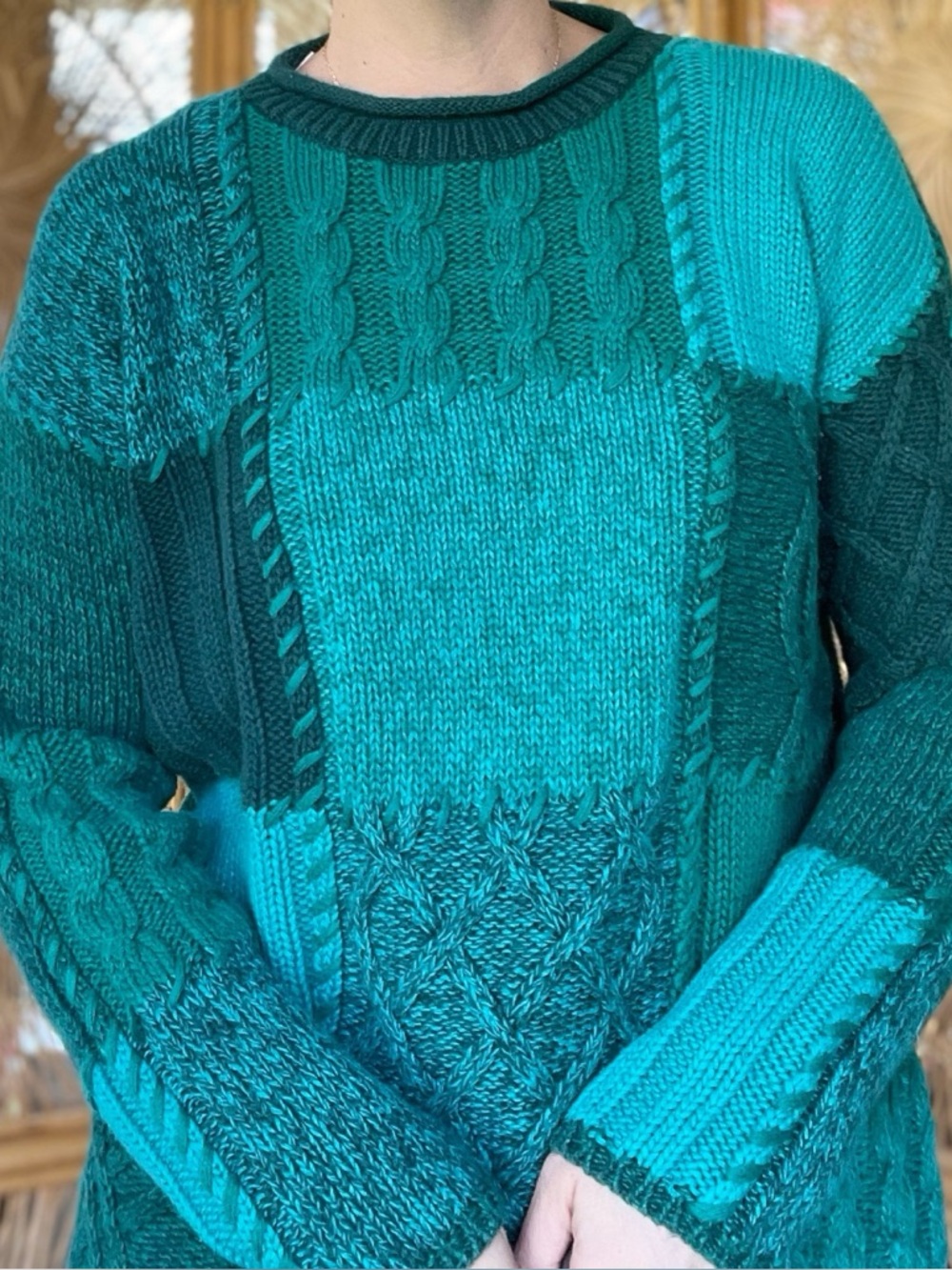 Vintage Karen Scott Chunky Teal Green Patchwork Knit Sweater L